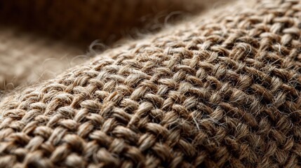 Macro close-up of natural linen fabric showing detailed woven texture and organic textile fibers, warm natural lighting, ultra-realistic textile details, soft shadows highlighting fibers