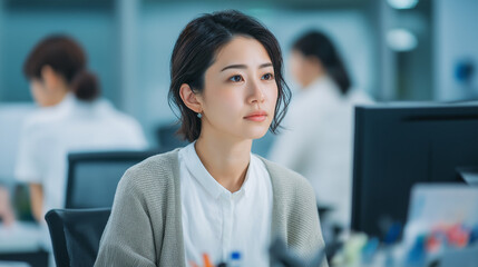 Fototapeta premium グレーのカーディガンを羽織った女性OLの作業景色