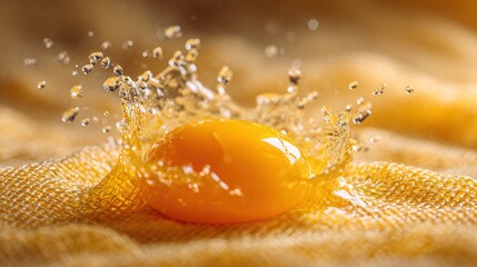 Macro shot of fresh egg yolk splashing through transparent mesh, vibrant golden liquid in motion, high-speed photography
