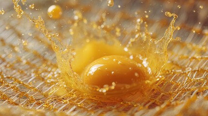 Macro shot of fresh egg yolk splashing through transparent mesh, vibrant golden liquid in motion, high-speed photography, ultra-detailed texture, dynamic droplets and motion blur