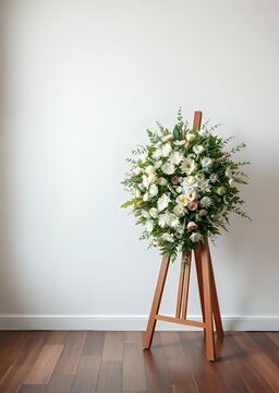 Funeral wreath of flowers on wooden stand near white wall indoors space for text funeral flowers funeral flower death grief ceremony floral loss dead sadness cemetery bouquet mourning