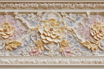 Ornate floral bas-relief panel showcases intricate three dimensional decorative molding