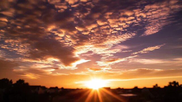 The vibrant sunset paints the sky with warm hues, showcasing intricate cloud formations. Silhouetted rooftops frame the horizon, emphasizing the beauty of the sunset.