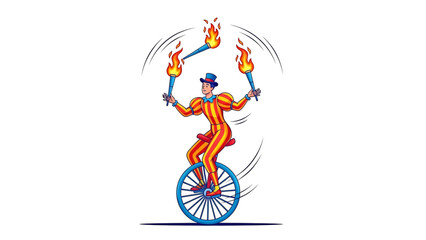 A cartoon performer rides a unicycle while juggling flaming torches in a daring circus act