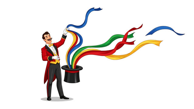 A cartoon magician pulling colorful ribbons out of his top hat in a playful magic trick
