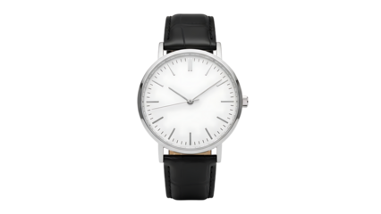 Elegant Black Leather Strap Wristwatch with Silver Round Dial and Minimalist Design