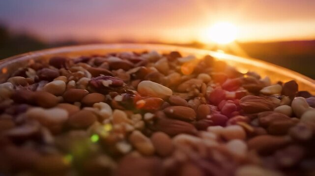 A close-up view of various nuts displays their textures and colors. The mix of nuts glistens under the warm sunlight, highlighting the vibrant details of the nuts and the sunset.