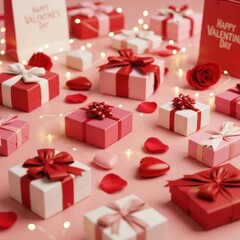 Assortment of valentines day gift boxes with roses and heart decorations on pink background