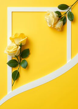 Yellow and white roses flower on top and bottom corners on a yellow frame and white line and white curve with an yellow background banner template name card nature valentine for text input funeral flo