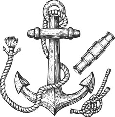 Vintage anchor rope sea symbol engraving art transparent and eps
