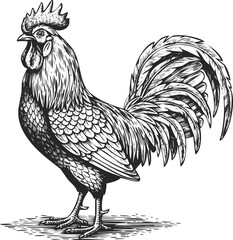 Black white rooster detailed engraving art transparent and eps