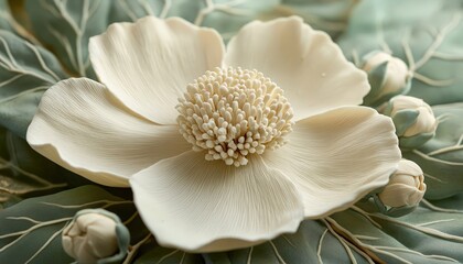 Sculpted creamy white bloom displays intricate stamen detail surrounded by foliage and unopened buds