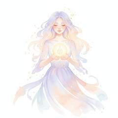 Fototapeta premium Ethereal woman pastel illustration magic light spiritual energy fantasy art celestial aura serene face glowing orb gentle color flowing dress Ethereal woman pastel illustration holds magic light