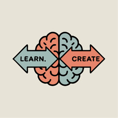learn and create; two arrows, one brain, split in color and united in cognitive power