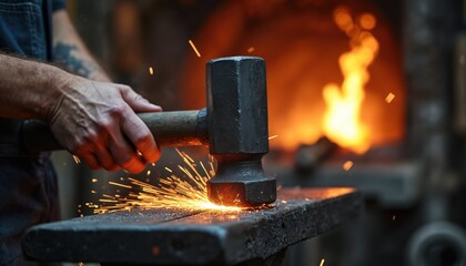 Blacksmith hammers hot metal. Sparks fly in workshop near fire. Man works with heavy tool on anvil creating metal object. Craftsmanship and hard work.