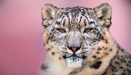 Naklejka premium extreme close up of a serene snow leopard s face with closed eyes showing detailed fur and whiskers against a soft pink background