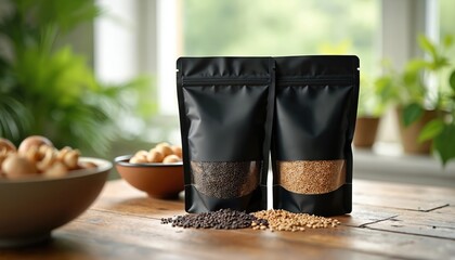 Two black resealable bags hold seeds like peppercorns and lentils. Spilled grains lie on rustic wood table. Green plants grow in background.