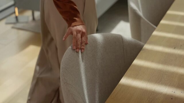 Close Up of a Hand Feeling Chair Fabric Texture, Tactile Sensation and Material Detail, Furniture Upholstery Surface and Comfort Test, Interior Design and Sensory Experience, High Quality Stock Footag