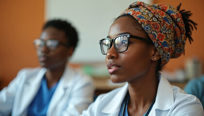 Young Black woman in glasses attentively listens during a medical training session. She wears a headscarf and lab coat, focused on learning in a classroom environment.
