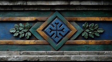 A wooden wall with an emblem carved in blue and green wood, depicting the symbol of the cross of the Christian church, with leaves on each side. The background is of dark gray stone bricks.
