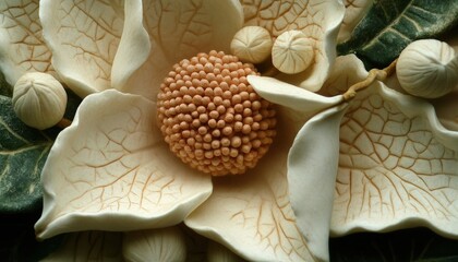 Close up view captures intricate details of carved botanical form with prominent central texture
