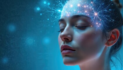 Woman in deep meditation with glowing neural network effect over head. Brain activity visualization shows energetic connections, thoughts forming. Inner peace achieved through mental focus, clarity,