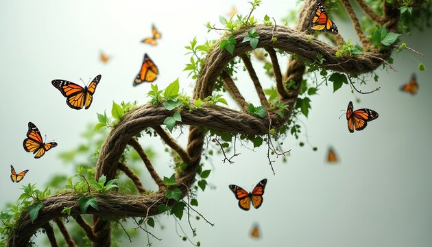 Nature inspired DNA helix structure intertwined with green plants and vines. Monarch butterflies fly around this organic genetic symbol. Represents life, growth and natural processes. - Powered by Adobe