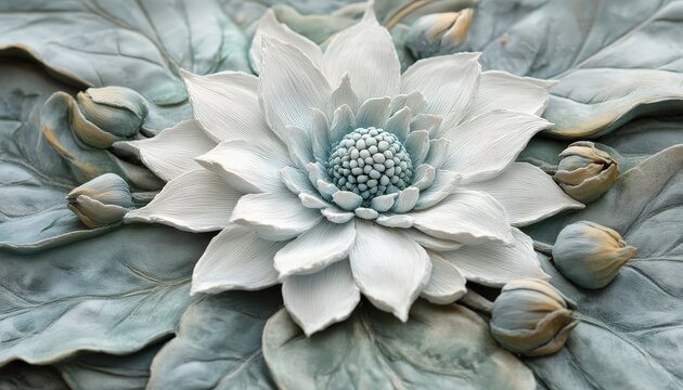 Intricate three dimensional floral artwork depicts a central white bloom surrounded by closed buds upon textured foliage