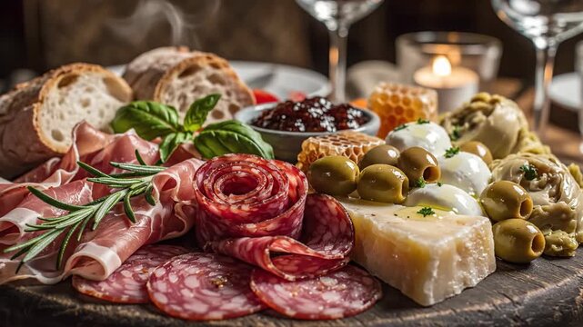 Gourmet food selection displayed on wooden serving board with sliced meats and cheeses