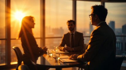 Blurred silhouette of a business team having a meeting in a modern office with a city skyline