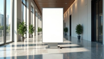Modern office lobby features a vertical blank digital screen stand for ads. Clean interior space with large windows and potted plants. Copy space for your message.