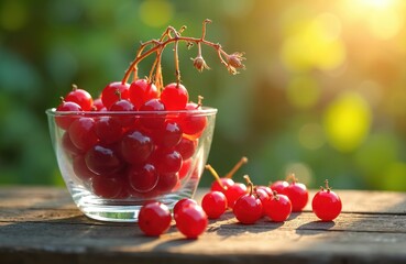 Ripe red currants fill glass bowl on wooden table. Berries spill onto surface with green blurred background. Sunlight creates lens flare effect on fresh fruit.