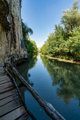 Wooden Walkway Along Limestone Cliffs of Rusenski Lom River