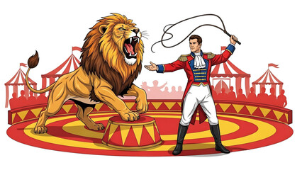 A cartoon lion and a lion tamer in a circus ring with a red and yellow tent