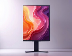 Modern vertical screen shows colorful abstract wavy shapes. Minimalist stand holds flat panel display. Digital device glows with vibrant art.