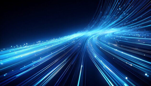 futuristic technology concept with glowing blue diagonal lines representing data transfer through fiber optic cables on a dark background - Powered by Adobe