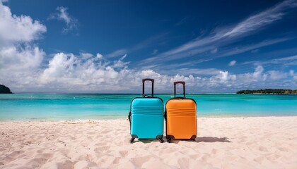 the vibrant suitcases resting peacefully on a beautiful tropical beach