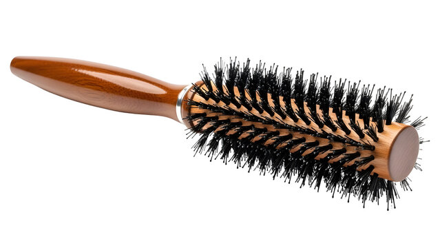 Classic Wooden Round Hair Brush Product Shot with Black Bristles Isolated on White Background