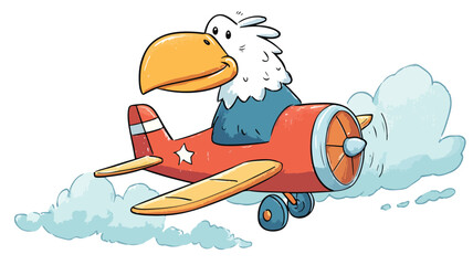 Cute Eagle Riding Plane Vector with Outline Isolate