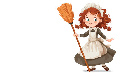Cute Maid Holding Feather Duster Cartoon Vector Illustration