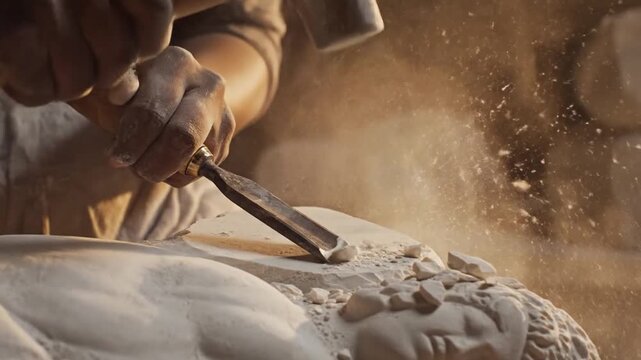 Sculptor Carving Stone Statue with Hammer and Chisel