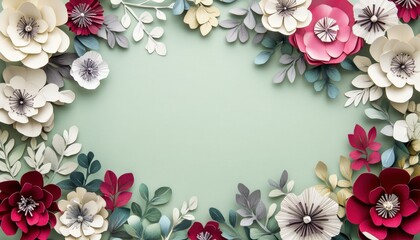 Detailed paper craft floral border frames soft pastel background space