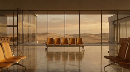 Quiet Modern Waiting Area with Rows of Empty Seating Overlooking a Vast Desert Landscape Through Large Glass Windows at Golden Hour