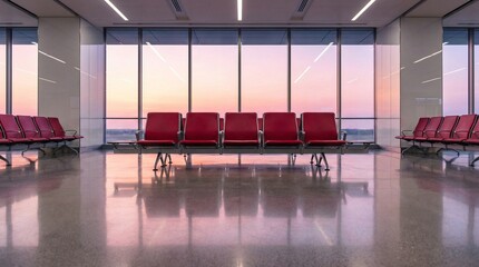 Empty Airport Terminal Waiting Area with Red Chairs and Sunset View Through Large Windows at Dusk