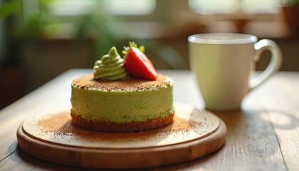 Green matcha cheesecake topped with whipped cream and fresh strawberry rests on wooden plate. Hot tea or coffee in mug sits nearby. Cozy kitchen setting, warm light.