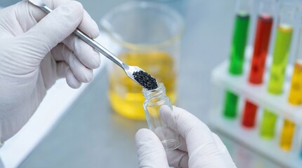 Scientist in gloves carefully transferring black granular substance from a spatula into a small glass vial during a laboratory experiment.