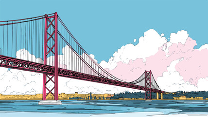 Colorful Cartoon Vector of Famous Ponte 25 de Abril Bridge in Isometric View