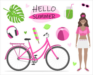 Bright summer vibes with a pink bicycle and woman