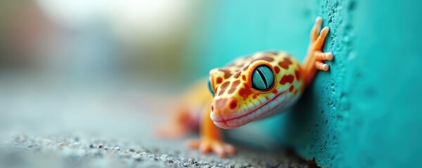 Leopard gecko with bright blue eyes climbs on turquoise wall. Small reptile has orange yellow spotted skin. Closeup macro shot shows tiny animal body. One of its tiny feet grips surface.