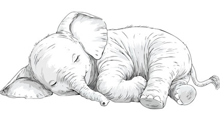 Adorable Sleeping Baby Elephant Vector Illustration with Outline on White Background